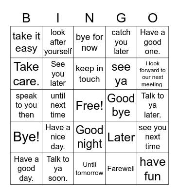 English farewells Bingo Card
