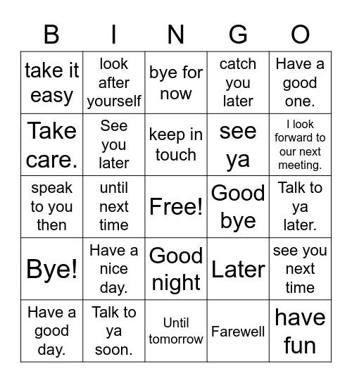 English farewells Bingo Card