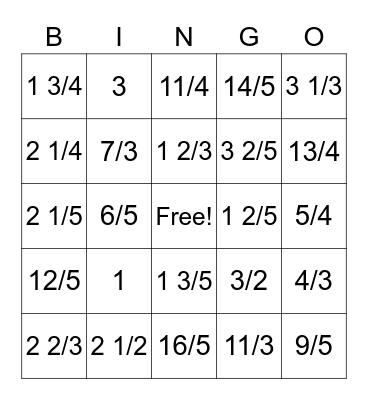 Mixed Number/ Improper Fraction Bingo Card