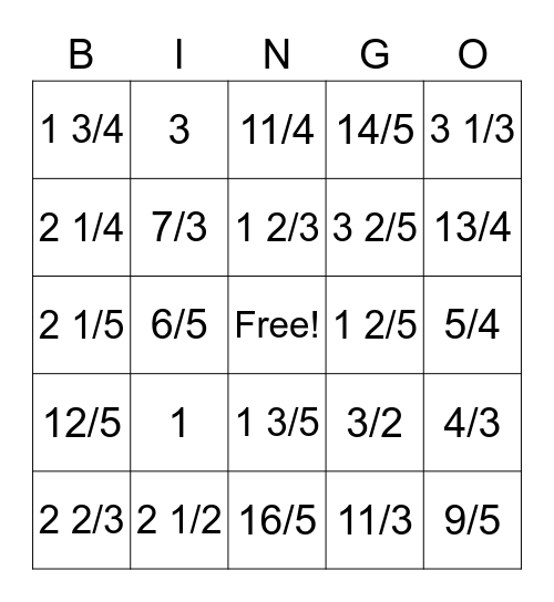 Mixed Number/ Improper Fraction Bingo Card