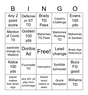 Super Bowl Bingo Card