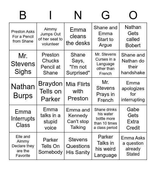 French Bingo Card