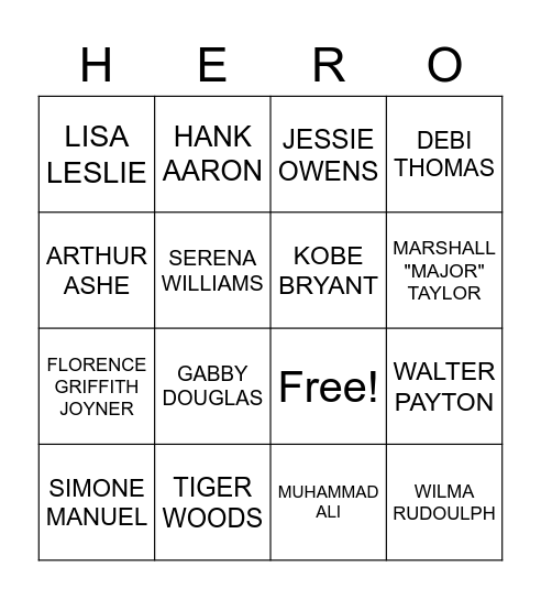 Black History Month--Athletes Bingo Card