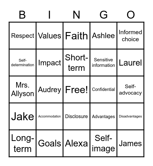 Disability Disclosure Bingo Card