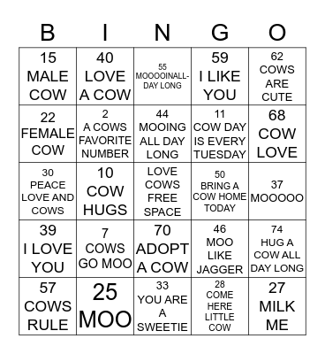 BINGO WITH COWS Bingo Card