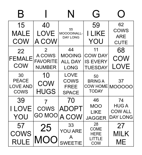 BINGO WITH COWS Bingo Card