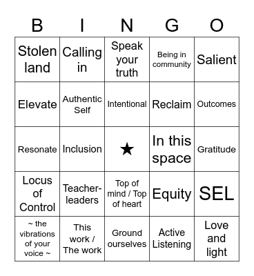 TFA Lingo Bingo Card
