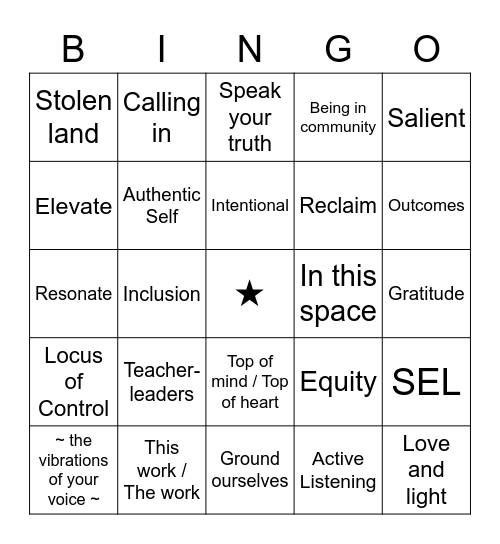 TFA Lingo Bingo Card