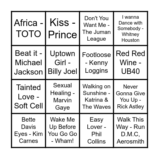 Prince 80’s Music Bingo Card