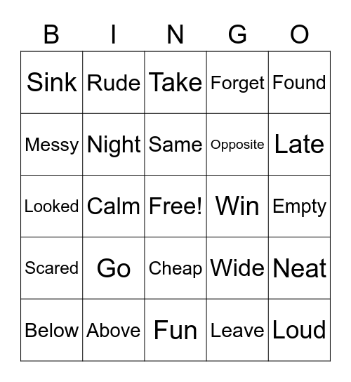 Synonyms and Antonyms Bingo Card