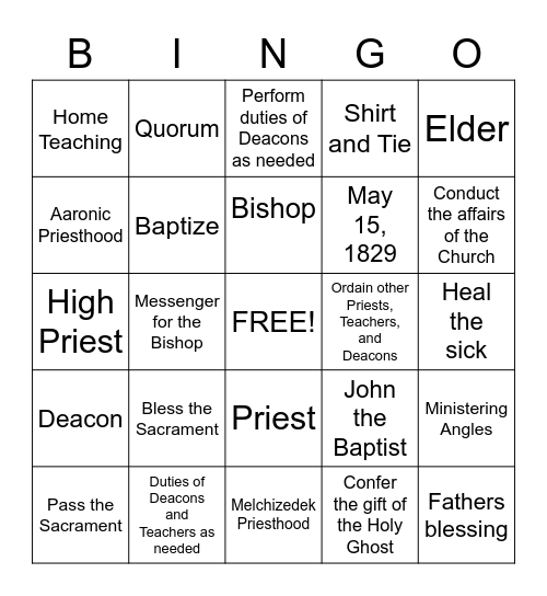 Priesthood Bingo Card