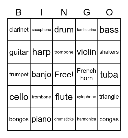 Musical Instruments Bingo Card