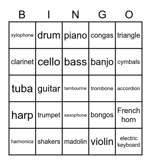 Musical Instruments Bingo Card