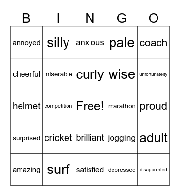 Sports and Feelings/opinions Bingo Card