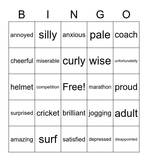 Sports and Feelings/opinions Bingo Card