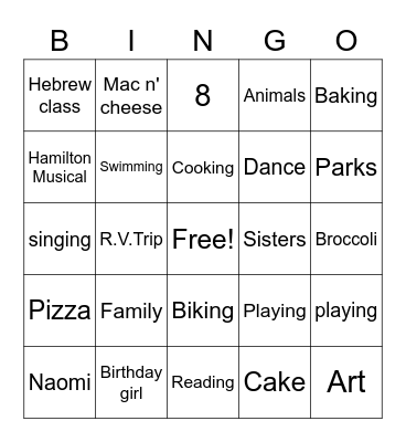 Naomi is 8! Bingo Card