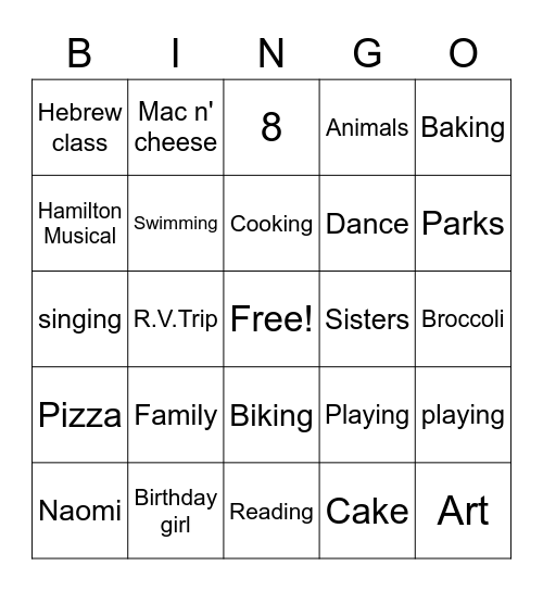Naomi is 8! Bingo Card