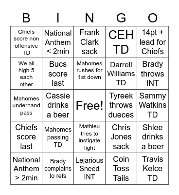 Super Bowl Bingo Card