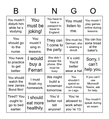 Modal Verbs Bingo Card