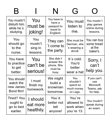 Modal Verbs Bingo Card