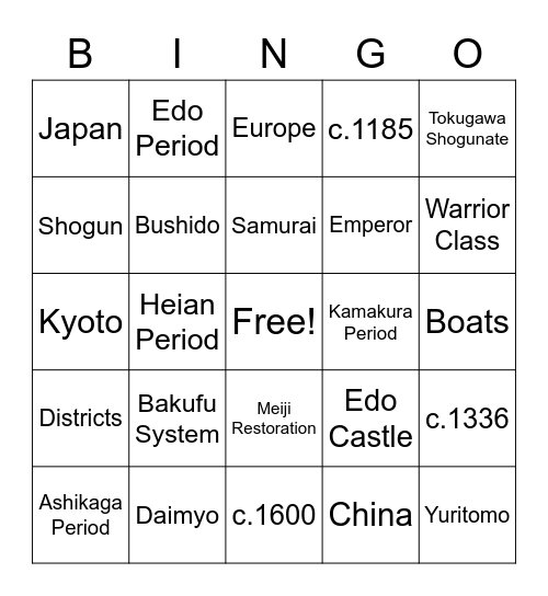 Japanese, Shoguns and Samurai, oh my! Bingo Card