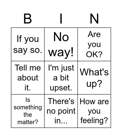 Asking about feelings Bingo Card