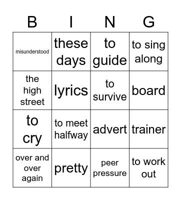 Vocabulary Unit 2 Bingo Card