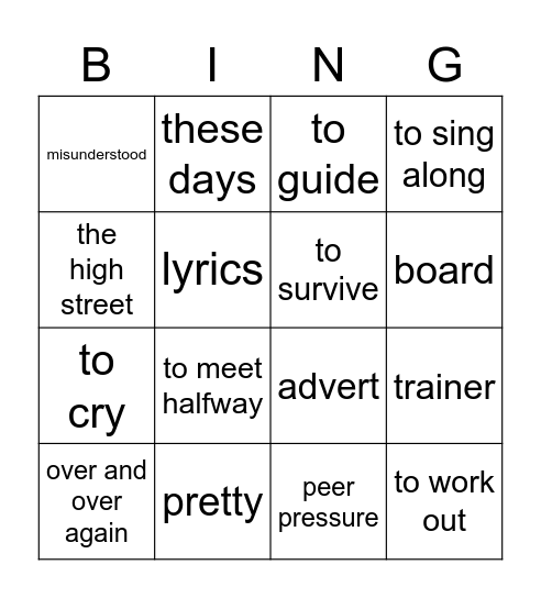 Vocabulary Unit 2 Bingo Card