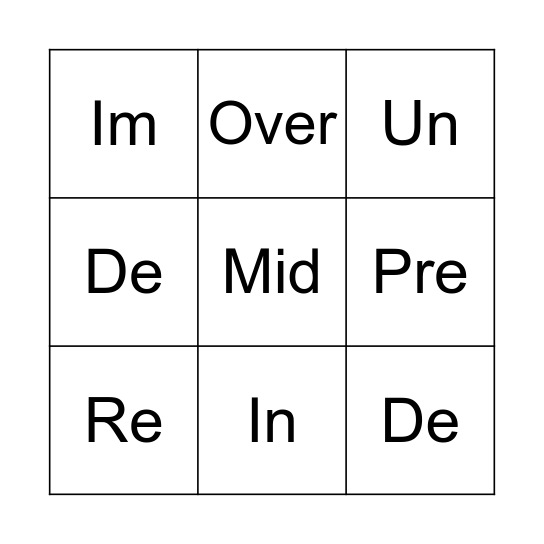 Prefix Bingo Card