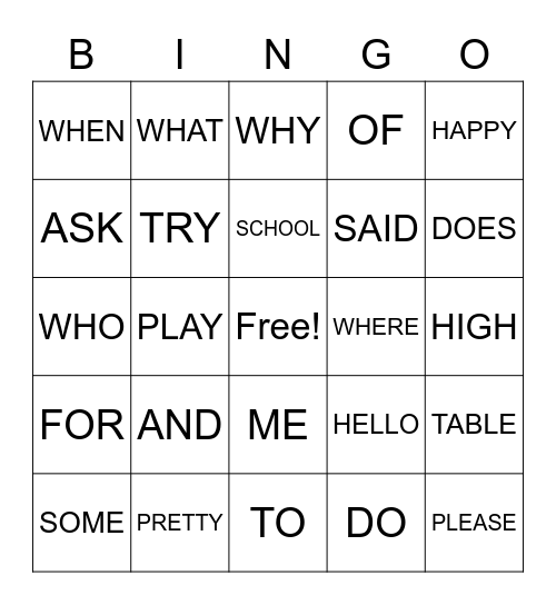 SIGHT WORDS Bingo Card