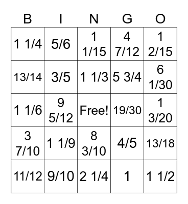 Fraction Bingo - Blue Bingo Card