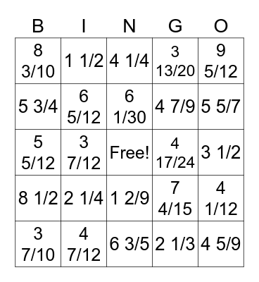 Fraction Bingo - Yellow Bingo Card