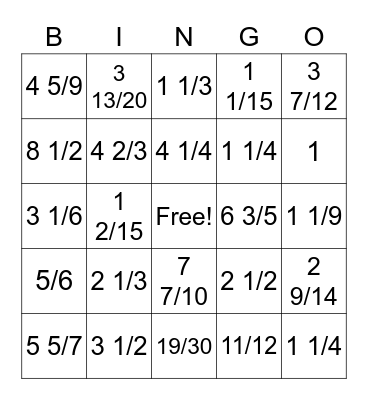 Fraction Bingo Green Bingo Card