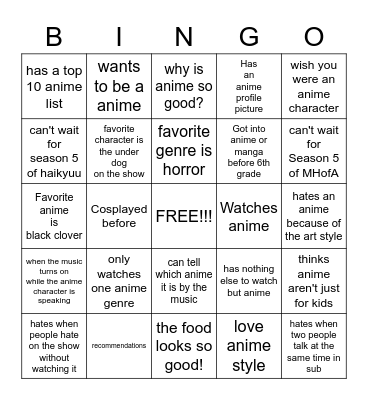 MANGA/ANIME BINGO Card