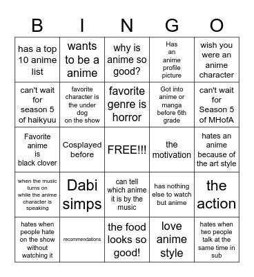 MANGA/ANIME BINGO Card