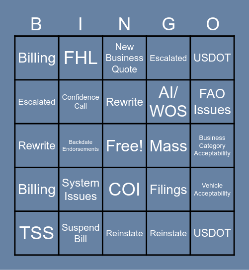 Call Type BINGO Card