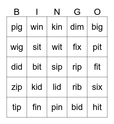 Short "i" Bingo Card