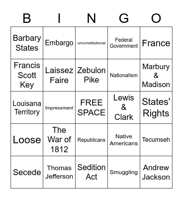 Unit 9 The Era of Thomas Jefferson  Bingo Card