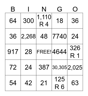 Multiplication and Division Bingo Card