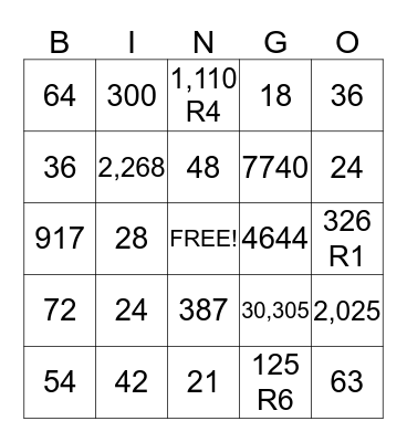 Multiplication and Division Bingo Card