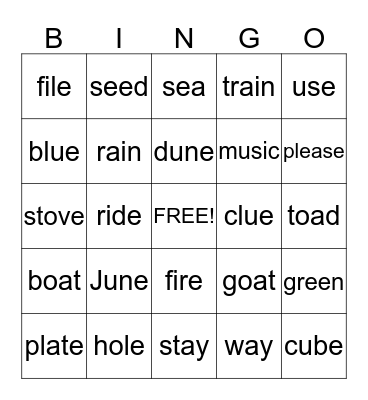 LONG VOWEL WORDS Bingo Card