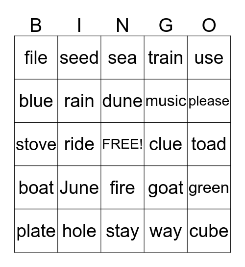 LONG VOWEL WORDS Bingo Card