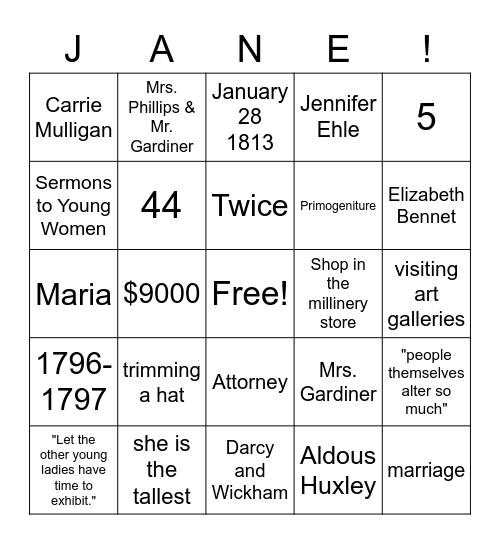 Pride and Prejudice Bingo Trivia Bingo Card