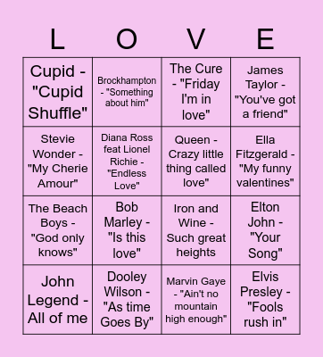 The Love Shak Bingo Card