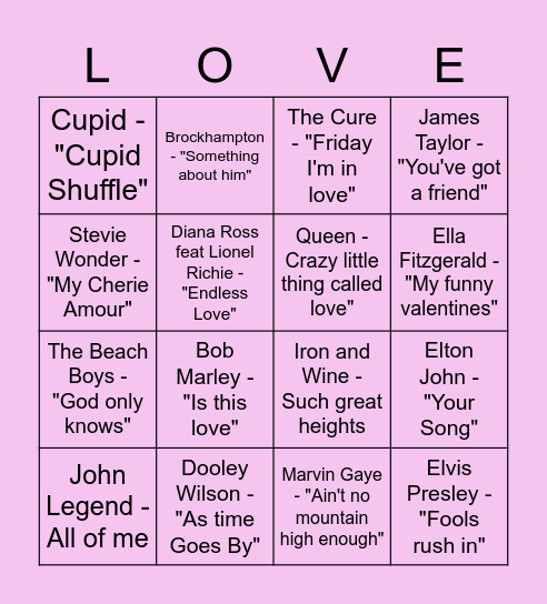 The Love Shak Bingo Card