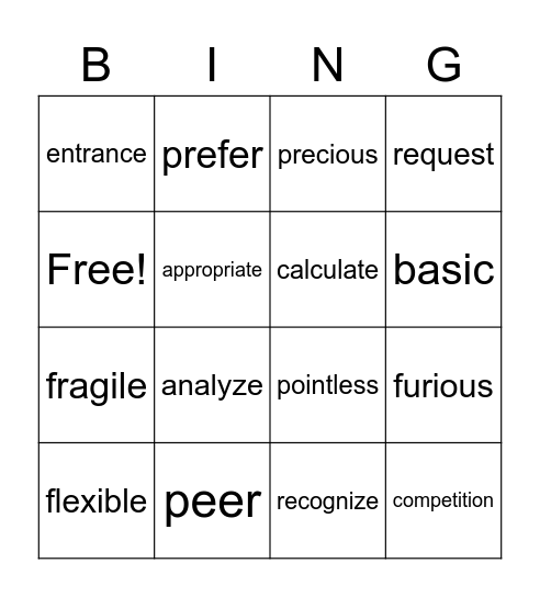 4th grade vocabulary bingo Card