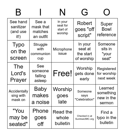 Suntree Traditional Worship Bingo Card