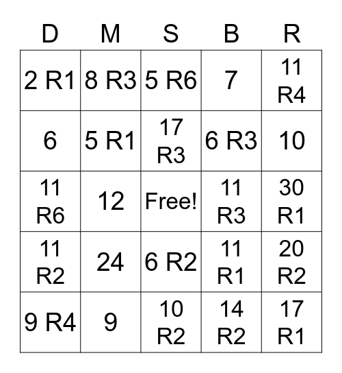 Division Bingo! Bingo Card