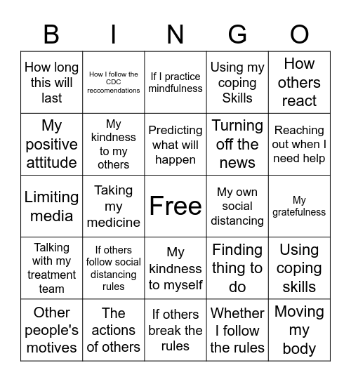 COVID/Quarantine (Things I CAN and CAN'T control) Bingo Card