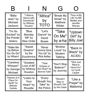Hits from the 80s Bingo Card